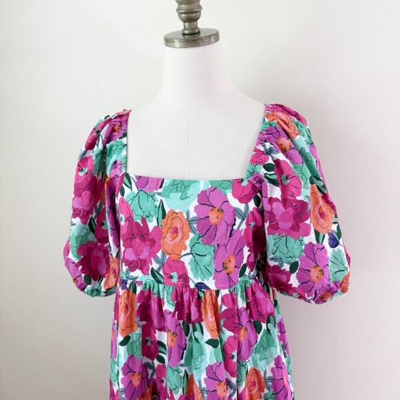 Baltic Born Pink Floral Print Dress Sz Large Square Neck Pockets Balloon Sleeve - Picture 3 of 10